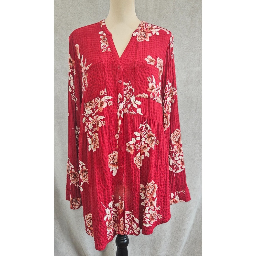 Torrid Red Floral Textured Rayon Tunic Top Button Front Long Sleeve Babydoll 1